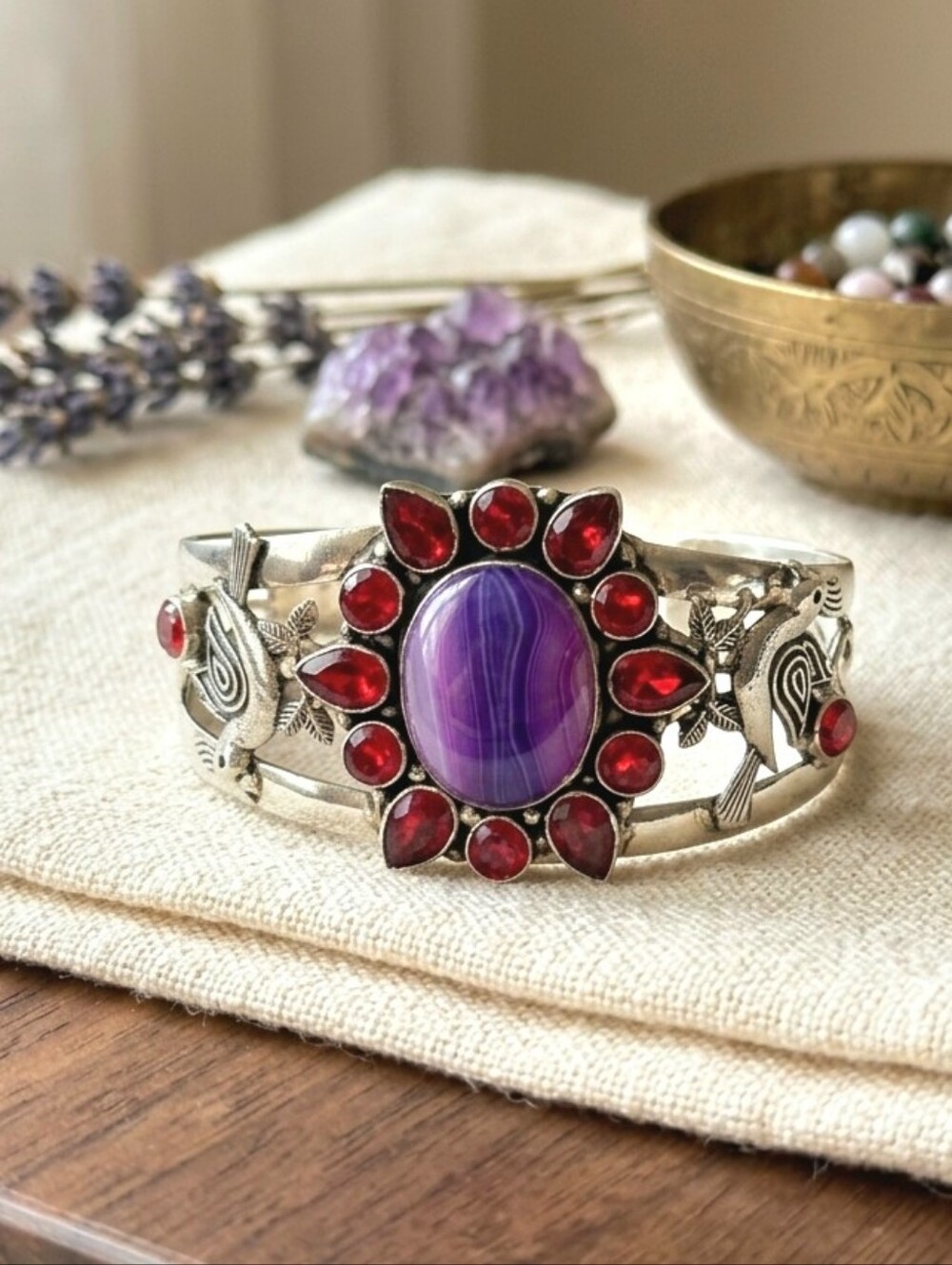 925 Sterling Silver Genuine Garnet and Purple Agate Cuff Bracelet Bohemian 41g